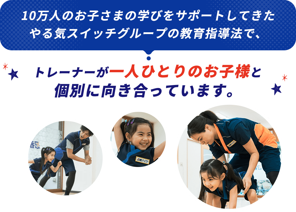 10万人のお子さまの学びをサポートしてきたやる気スイッチグループの教育指導法で、トレーナーが一人ひとりのお子様と個別に向き合っています。
