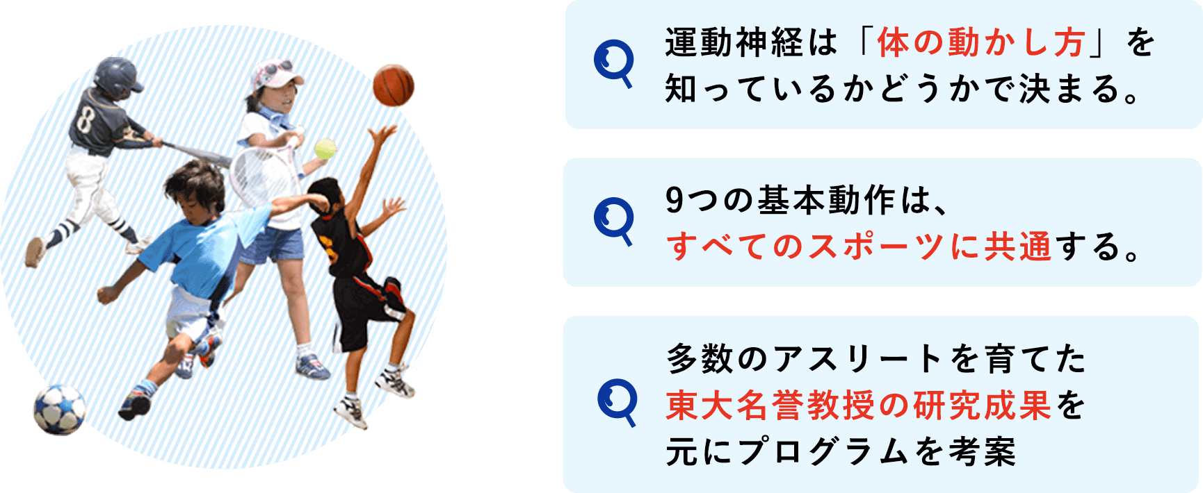 運動神経は「体の動かし方」を知っているかどうかで決まる。 9つの基本動作は、すべてのスポーツに共通する。 多数のアスリートを育てた東大名誉教授の研究成果を元にプログラムを考案