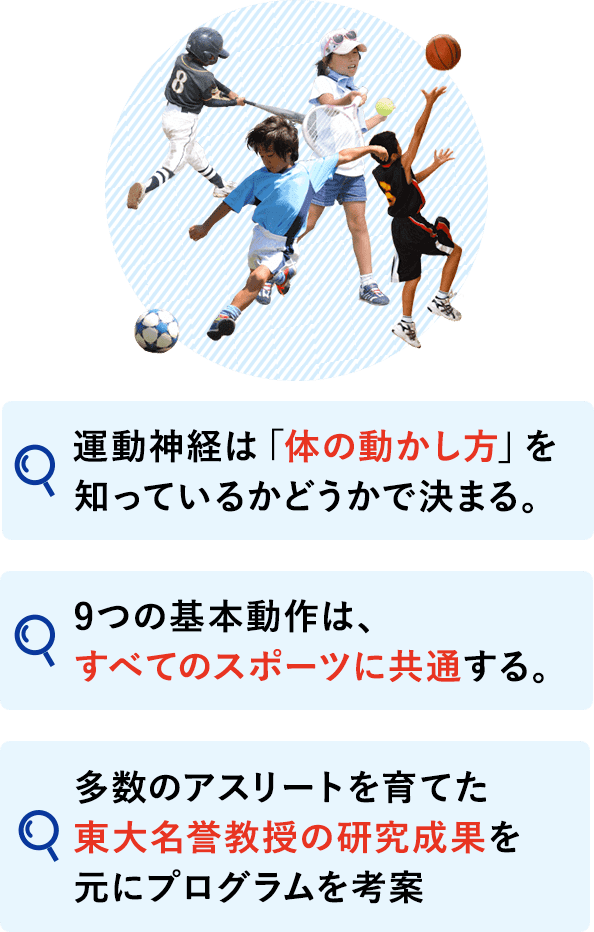 運動神経は「体の動かし方」を知っているかどうかで決まる。 9つの基本動作は、すべてのスポーツに共通する。 多数のアスリートを育てた東大名誉教授の研究成果を元にプログラムを考案