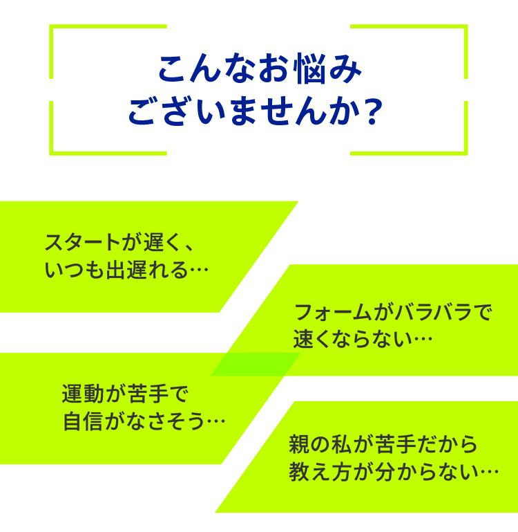 こんなお悩み ございませんか? スタートが遅く、 いつも出遅れる… フォームがバラバラで 速くならない… 運動が苦手で 自信がなさそう… 親の私が苦手だから 教え方が分からない…