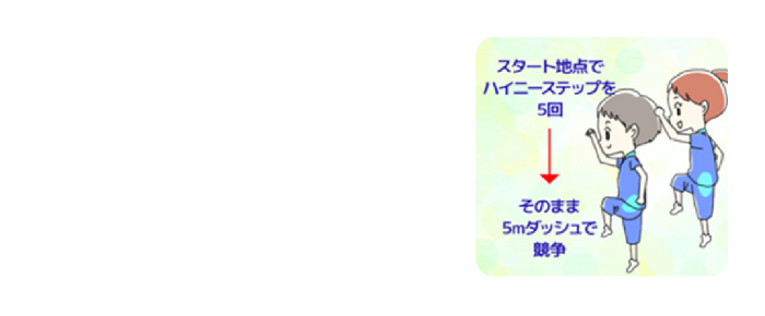 LV6 ステップの術 手足を中心に体の使い方をマスター スタート地点で ハイニーステップを 5回 そのまま 5mダッシュで 競争