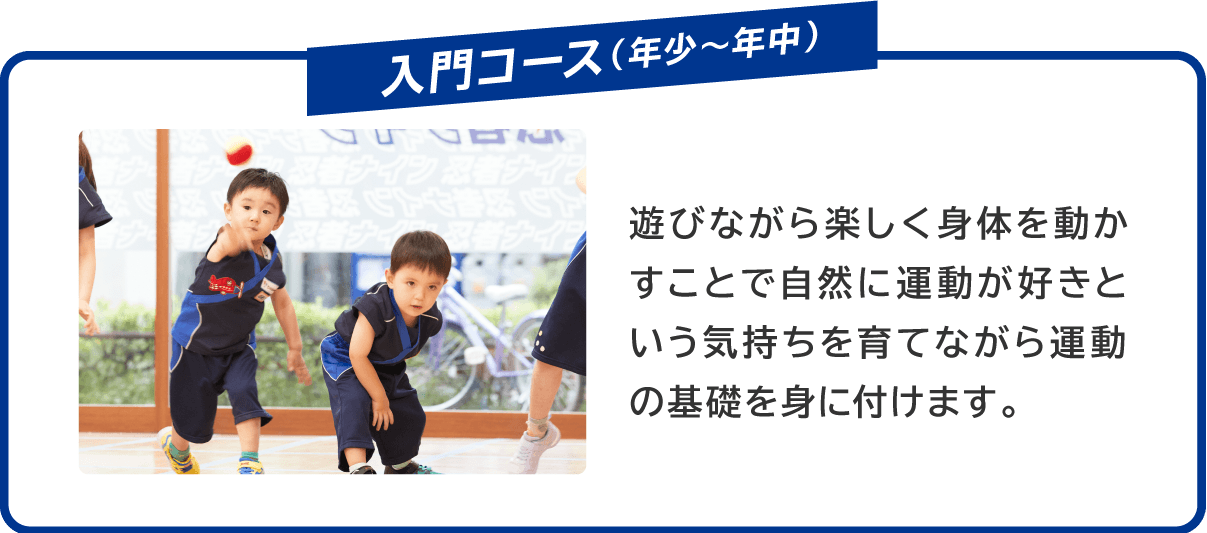 入門コース(年少〜年中) 遊びながら楽しく身体を動かすことで自然に運動が好きという気持ちを育てながら運動の基礎を身に付けます。