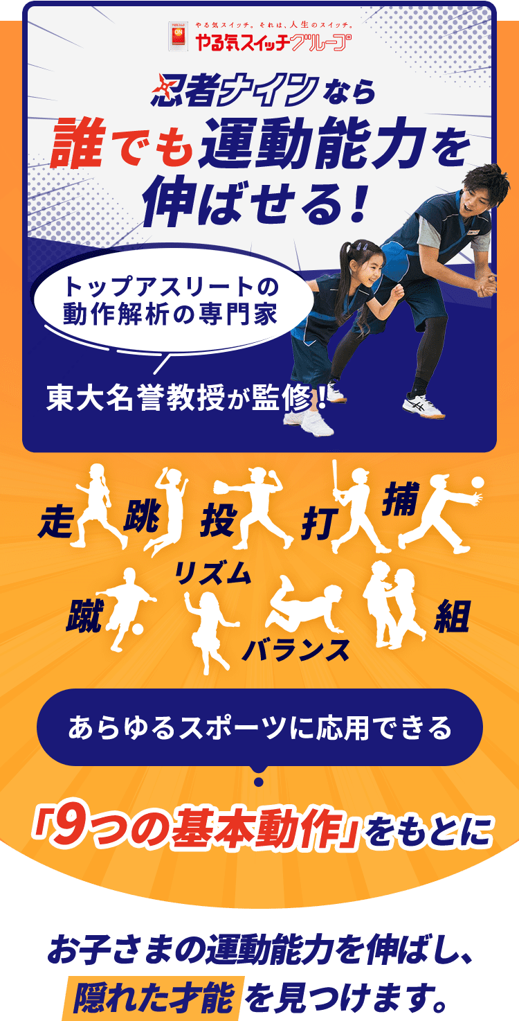 走る、跳ぶ、投げる、打つ、捕る、蹴る、リズム、バランス、組む、あらゆるスポーツに応用できる「９つの基本操作」をもとにお子さまの運動能力を伸ばし、隠れた才能を見つけます。